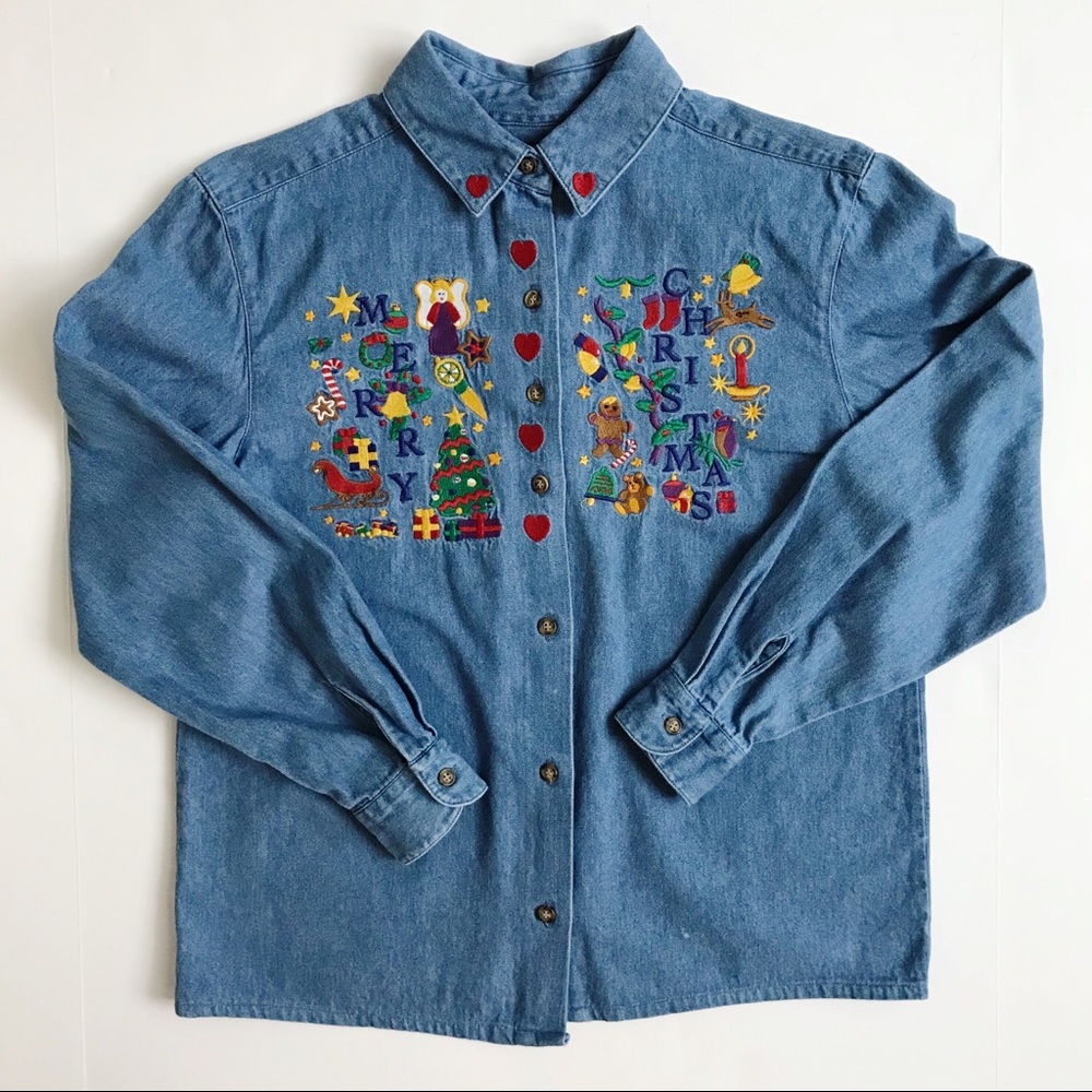 Karen Scott Denim Chambray Ugly Christmas Button Up SP